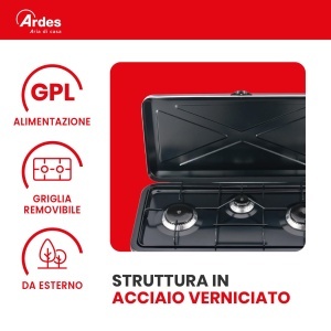 Gaskocher portabil ARDES AR1FG03 cu 3 flacari, 2.9 kW, otel vopsit - Img 4