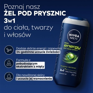 Gel de dus NIVEA Men Energy 250ml cu extract de menta, pentru barbati - Img 2