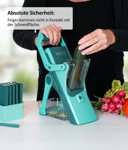 Genius Nicer Dicer Mando inclusiv Twist Legume Slicer 21 buc., Feliator de legume Manual in picioare cu bazin de colectare 6 insertii Ceapa Cartofi prajiti Feliator de salata, Extractor de salata - Img 3