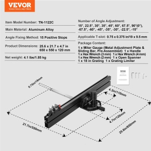 Ghidaj oblic VEVOR, fanta standard 19 x 9,5 mm, ghidaj de ferastrau de masa din aliaj de aluminiu cu gratar de aprox. 61 cm, 15 opritoare unghiulare, piston si disc detasabil, pentru prelucrarea lemnului - Img 7