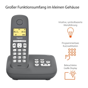 Gigaset A280A Duo - 2 telefoane fara fir DECT cu robot telefonic pentru cea mai buna comunicare cu afisaj grafic mare, calitate audio perfecta si functie hands-free, Gri + Gri Medio - Img 3