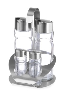 HENDI Set de burete, patru piese, piper, sare, ulei, otet de satin, shaker de piper, agitator de sare, suport pentru condimente, 130x110x(H) 185mm, otel inoxidabil 18/0 - Img 1