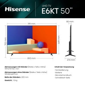 Hisense 50E6KT 127cm (50 Zoll) Fernseher, 4K UHD, LED, Smart TV, HDR, Dolby Vision, Tuner triplu DVB-C/S/S2/T/T2, WiFi, Bluetooth, Alexa Built-In, Mod hotel [2023], schwarz - Img 2