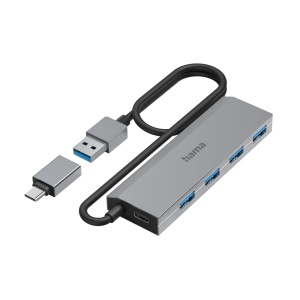 Hub USB Hama 4 Porturi, USB-A si USB-C, cu Alimentare, Aluminiu