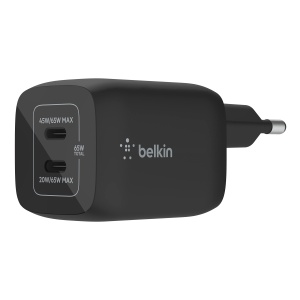 Incarcator USB-C Belkin 65W, 2 porturi, rapid, cu tehnologie GaN, negru