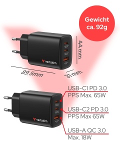 Incarcator Verbatim Essentials 65W GaN cu 2 USB-C si 1 USB-A, Negru - Img 2
