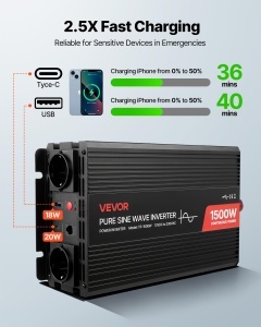 Invertor VEVOR 1500W 12V DC la 230V AC Reine Sinus cu Telecomanda si Porturi USBType-C - Img 5