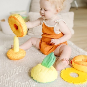 Jucarie senzoriala pentru bebelusi Melissa Doug, Ananas, 6-12 luni, 5 piese, texturi si sunete - Img 7