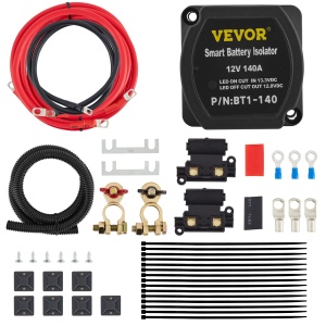 Kit de incarcare divizata VEVOR Dual Battery Disconnect Relay 12V, set de relee sensibil la tensiune de 140A -30 pana la 105degC, incarcator automat si set de cabluri pentru camion, RV, atelier, masina si nava - Img 1