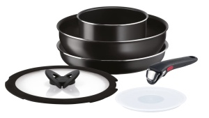 Lagostina Ingenio Essential + Set de vase antiaderente din aluminiu pentru gaz si cuptor, 6 bucati, baterie cu oala, tigaie, wok, 2 capace, maner detasabil