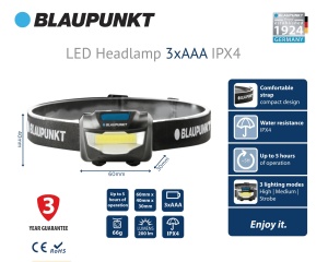 Lanterna frontala Blaupunkt LED 200 Lumen, 3 moduri de iluminare, rezistenta la apa - Img 5