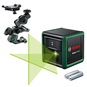 Laser cu linii incrucisate Bosch Quigo Green cu clema universala MM 2 (laser verde pentru o vizibilitate mai buna, carcasa din plastic reciclat, intr-o cutie) - Img 1