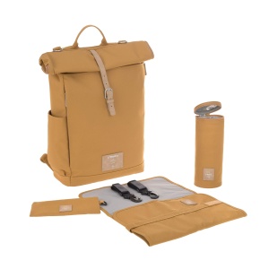 LASSIG Geanta de scutece, saltea de infasat, accesoriu pentru carucior, suport pentru sticle produs in mod durabil/GRE Rucsac Rolltop, galben (Curry)
