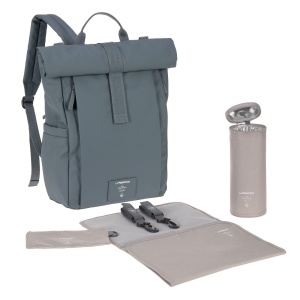 LASSIG Rucsac scutec pentru bebelusi Rucsac pentru scutece Rucsac cu covoras de infasat, atasament pentru carucior, suport pentru sticle produs in mod durabil/GRE Rucsac cu topul rulant antracit