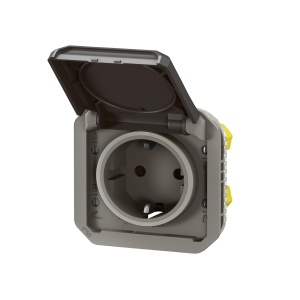 LEGRAND, Plexo Insertie noua, priza rezistenta la umezeala, standard Schuko, incl. capac cu balamale, protectie la contact, terminale plug-in, 16A, 250 volti, IP44 - IK08 (IP55 cu capac inchis), antracit, 069571L - Img 2