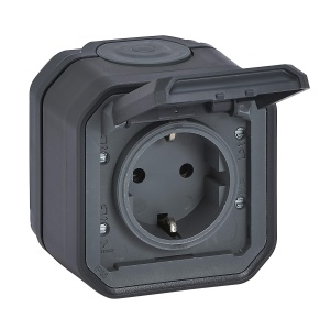 LEGRAND, Plexo New Priza rezistenta la umiditate, standard Schuko, inclusiv capac cu balamale, protectie la contact, terminale plug-in, 16 amperi, 250 volti, IP44 - IK07, culoare: antracit, 069799L