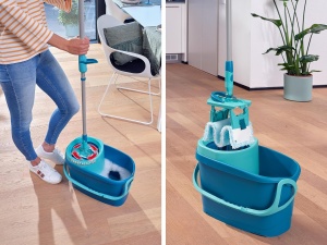 Leifheit Set CLEAN Twist M Flat Mop Ergo 2.0, mop de podea cu capac supersoft pentru curatarea umeda pe parchet, laminat si lemn natural, mop cu sistem de clic, mop cu tehnologie centrifuga - Img 4
