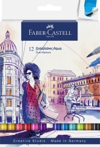 Marker dual Faber-Castell Goldfaber Aqua, 12 culori, cu varf pensula si fineliner
