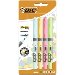 Marker Textil BIC Highlighter Grip Pastel, Set 4 Culori, Strichstarke 1.6mm - 3.3mm