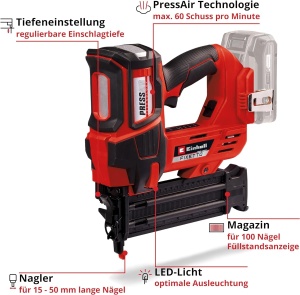 Masina de batut cuie Einhell FIXETTO 1850 N 18V Tehnologie PressAir 500 cuie incluse - Img 3
