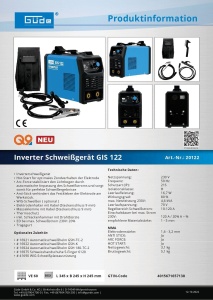 Masina de sudura Gude Inverter GIS 122 (230 V, 16,7 W putere fara sarcina, putere maxima de 3,6 kVA, curent de sudare cu interval de control 10-120 A, inclusiv suport pentru electrod, clema de masa, ciocan de zgura si scut de sudura) - Img 7