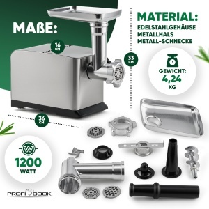 Masina de tocat carne ProfiCook PC-FW 1272 1200W functie revers accesorii pentru carnati si biscuiti - Img 6