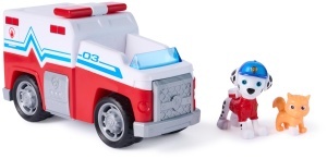 Masinuta de salvare Paw Patrol Marshall, 15 cm, cu mecanism pull-back, 2 figurine incluse