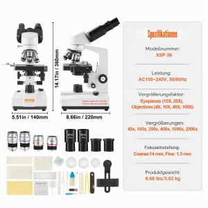 Microscop binocular VEVOR XSP-36, 40-2500x, iluminare LED, 3.05 kg - Img 7