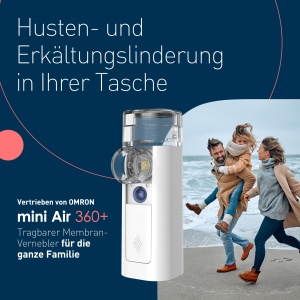 mini Air 360+ distribuit de OMRON | Inhalator portabil, silentios pentru adulti si copii | Inhalator incl. doua masti + mustiuc | Ameliorarea tusei si racelii | Incarcare cu Micro-USB - Img 2