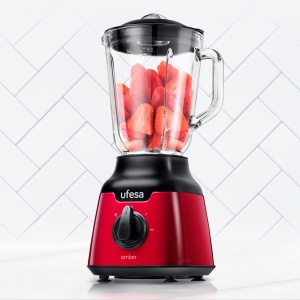 Mixer cu suport Ufesa BS4100 rosu chihlimbar, recipient din sticla 0.8L, functie de zdrobire a impulsului/ghetii, 2 viteze + puls, 4 lame din otel inoxidabil, 900 W, inchidere ermetica, fara BPA, inox rosu, exclusiv - Img 2