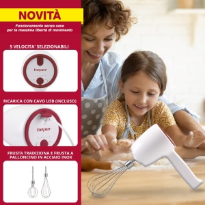 Mixer de mana Beper P102SBA007 fara fir 20W 5 viteze USB RosuAlb - Img 3
