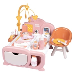 Mobilier pentru papusi Smoby Baby Nurse Cocoon 3-in-1 cu 16 accesorii, pentru papusi de pana la 42 cm