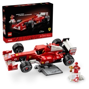 Model Ferrari F2004 LEGO Icons, 735 piese, cu minifigurina Michael Schumacher