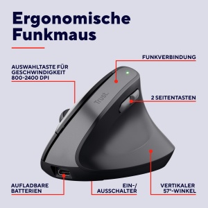 Mouse vertical reincarcabil Trust Yuno, mouse ergonomic wireless 2.4GHz, prevenirea cotului mouse-ului/cotului de tenis (sindrom RSI), 800-2400 DPI, 70% plastic reciclat, PC, laptop, Mac - negru - Img 2
