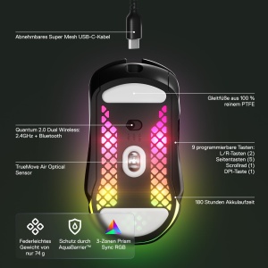 Mouse wireless gaming SteelSeries Aerox 5 RGB ultralight 9 butoane Bluetooth24 GHz - Img 3