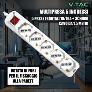 Multipriza V-TAC cu Cablu de 1,5m, 5 Priza 1016A, Culoare Alba - Img 3