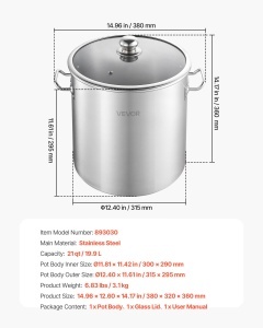Oala din inox VEVOR 19,9 L cu capac din sticla, compatibila cu toate tipurile de plite - Img 7