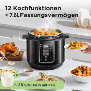 Oala electrica sub presiune Midea 9-in-1, 8L Multicooker 12 presetari instantanee, aparat de iaurt, aragaz de orez, aragaz lent, sous vide, abur, aragaz pentru paste, oala interioara din otel inoxidabil, negru - Img 3