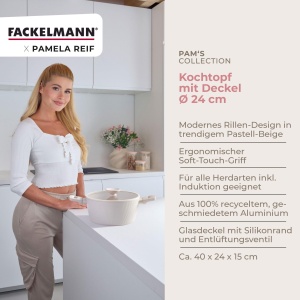 Oala Fackelmann x Pamela Reif 24 cm Pastel-Beige Aluminiu Reutilizat Compatibila cu Toate Tipurile de Aragaz - Img 3