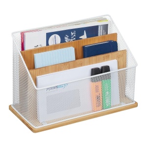 Organizator birou Relaxdays, suport documente 3 compartimente, metal si bambus, 20x29x14 cm