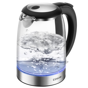 Pahar pentru ceainic COSORI 1,7 litri, LED albastru, fara BPA, 2200 wati, timp de gatit de 5 minute, protectie la supraincalzire, rotativ la 360deg, Ceainic din sticla borosilicata cu baza din otel inoxidabil si filtru - Img 1