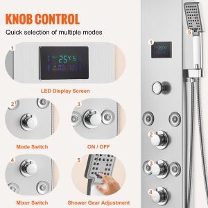 Panou de Dus VEVOR 8009FL, 6 Moduri, LED, 8 Jeturi de Masaj, Inox 304 - Img 5