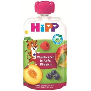 Pasta de fructe HiPP Bio Waldbeeren si Apfel-Pfirsich, 8 x 100g, fara zahar adaugat