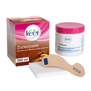 Pasta de zahar Veet cu vanilie, 250 ml, pentru fata si corp, cu spatula si benzi reutilizabile