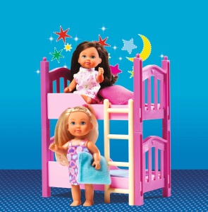 Pat cu etaj pentru papusi Simba Evi Love, 2 papusi incluse, roz, 12 cm - Img 3