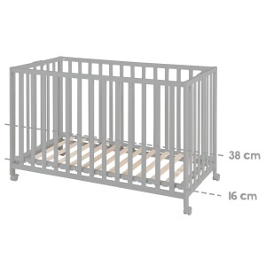 Pat pliabil pentru copii roba Fold Up 60x120 cm din lemn reglabil pe inaltime cu roti si frane Taupe - Img 9