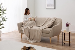 Patura Todocama Extra Moale din Bumbac Recycled Model cu Dungi Sandbeige 230x240 cm - Img 5
