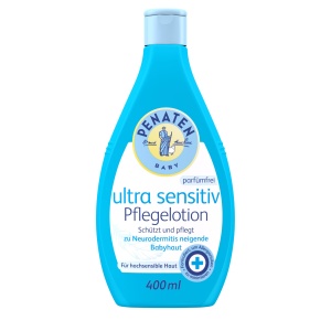 PENATEN Ultra Sensitive Care Lotiune fara parfum (400ml), formulata fara coloranti Lotiune de corp pentru bebelusi pentru ingrijirea pielii bebelusului predispusa la neurodermatita, lotiune de corp special conceputa pentru nou-nascuti