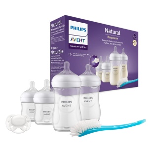 Philips Avent Baby Bottle Natural Response, Set cadou pentru nou-nascuti - 4 biberoane, suzeta ultra moale si perie pentru biberoane, bebelusi cu varsta cuprinsa intre 0 si 12 luni si peste (model SCD838/11)