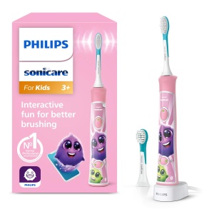 Philips Sonicare For Kids, periuta de dinti electrica sonica cu aplicatie, pentru copii cu varsta de 3 ani si peste, cu SmarTimer si QuadPacer pentru curatare temeinica, roz, model HX6352/42